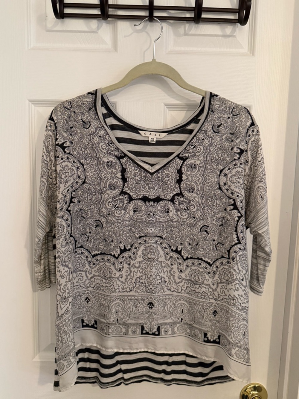 CAbi Black & White Paisley V-Neck Long Sleeve Top